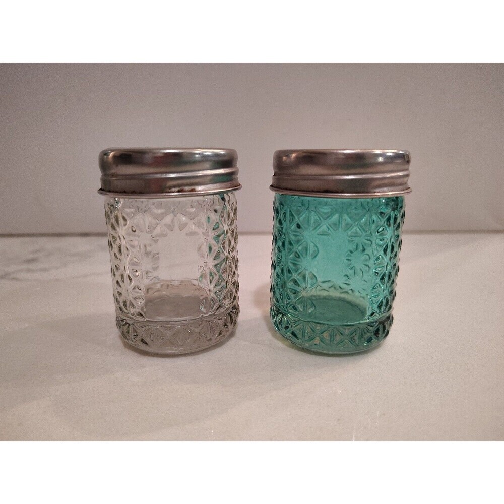 Vintage Glass Salt and Pepper Green and Clear Daisy Sunburst